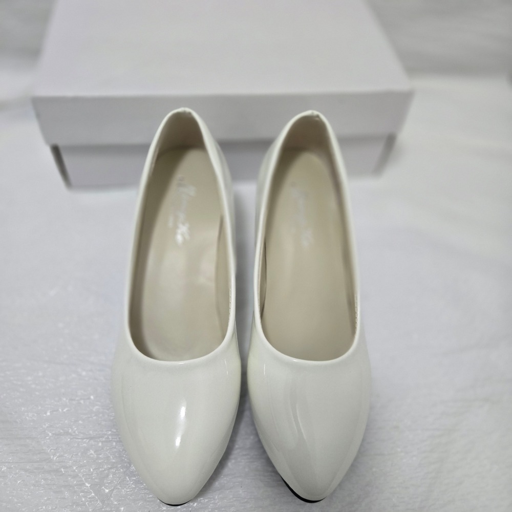 White Patent Faux Leather Pointed Toe Pumps Classic Stiletto Heels